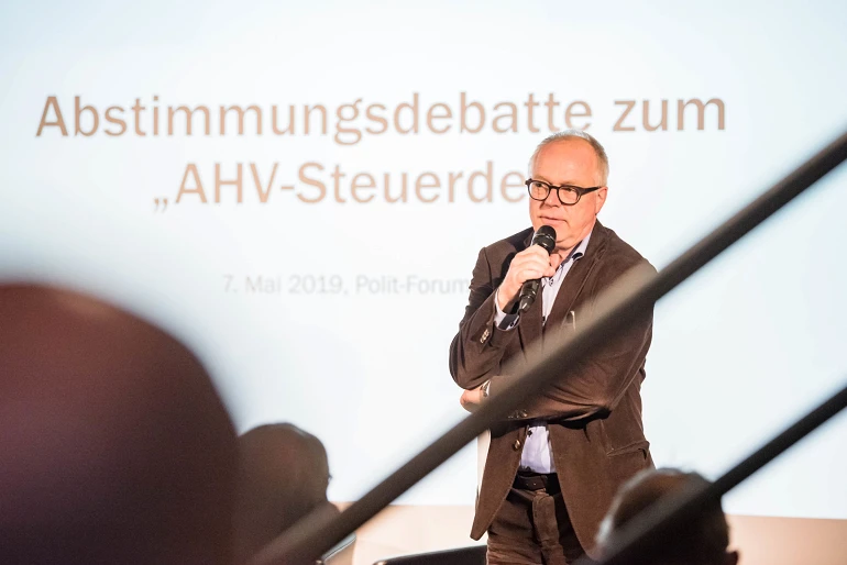 Abstimmungsdebatte AHV-Steuerdeal; Thomas Göttin, Leiter Polit-Forum; Polit-Forum; 7.5.2019; Bild: Susanne Goldschmid